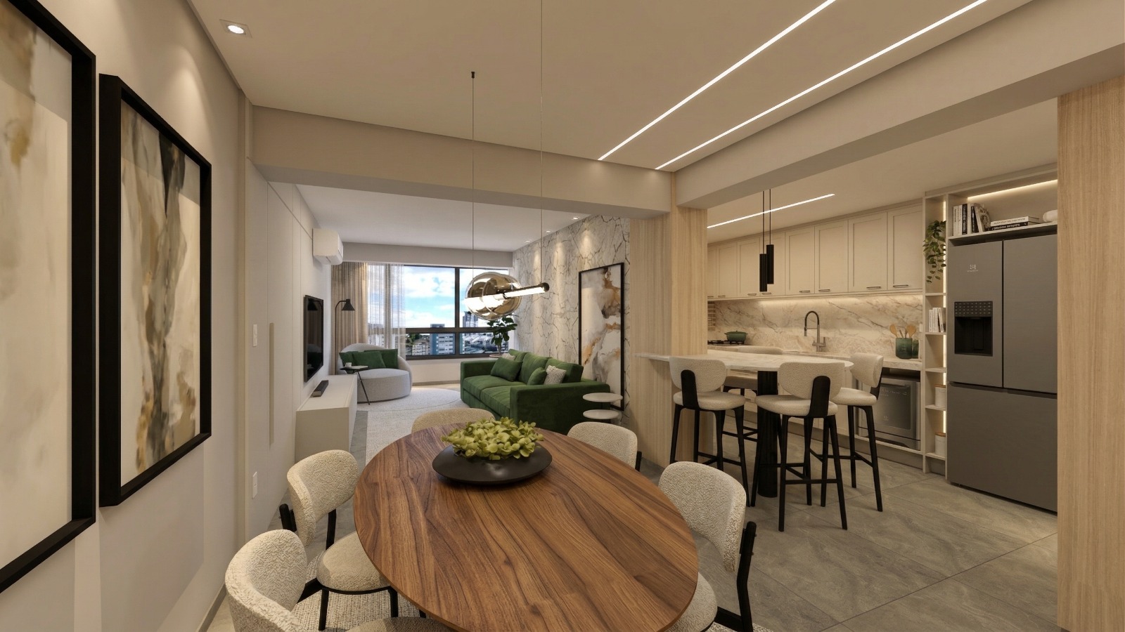 Apartamento contemporâneo com mesa de jantar e cozinha integrada