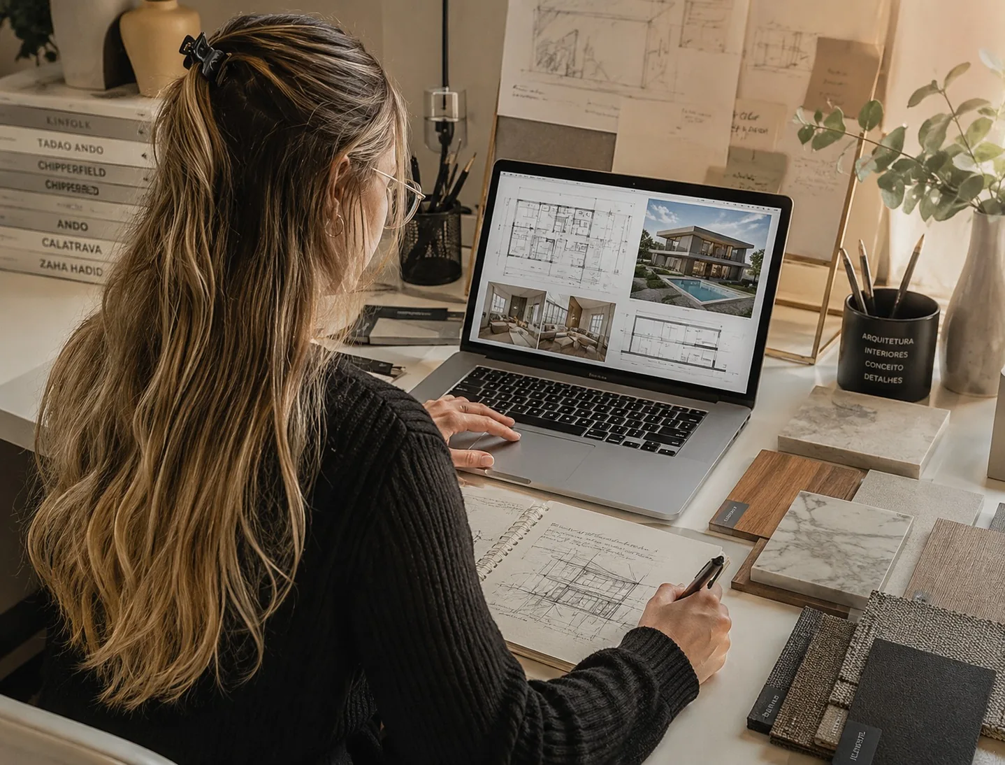 Arquiteta da Enni Arquitetura analisando projeto de interiores com amostras de materiais